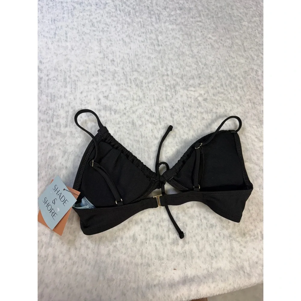 Shade & Shore Black Ribbed‎ Triangle Halter Bikini Top Size L 12-14 NEW